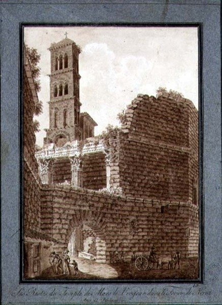 O Templo de Marte no Fórum em Roma, c.1800 (caneta e tinta com lavagem sépia sobre papel) de Agostino Tofanelli