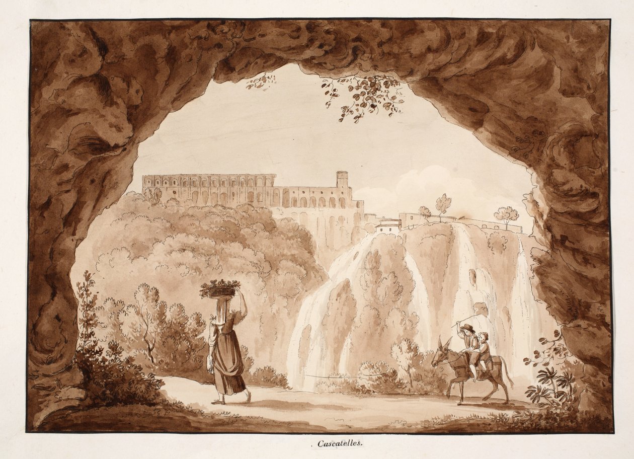 As cachoeiras no Tivoli, 1833 (gravura com lavagem marrom) de Agostino Tofanelli