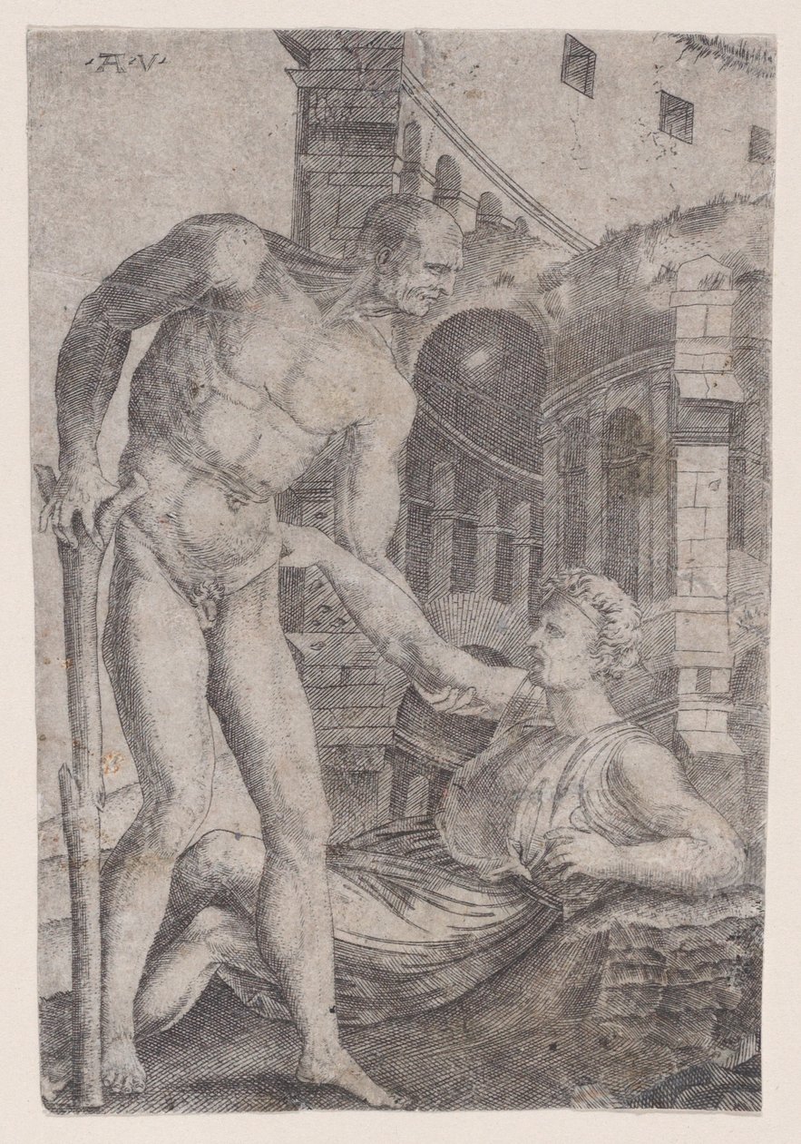 Um homem ajudando outro a ficar de pé, c. 1514-36. de Agostino Veneziano