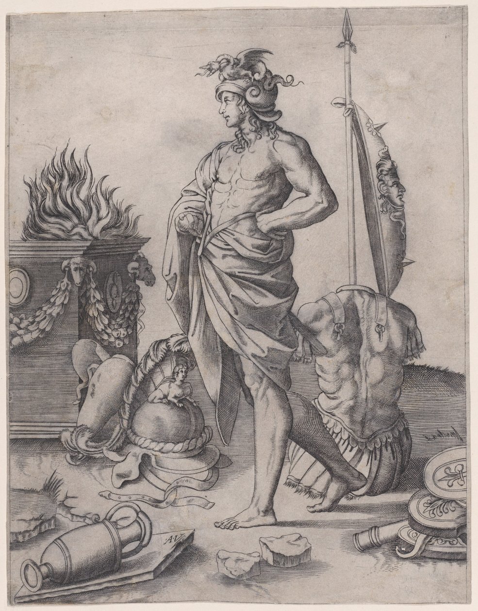 Um Jovem Herói perto de um Altar, ca. 1514-36. de Agostino Veneziano
