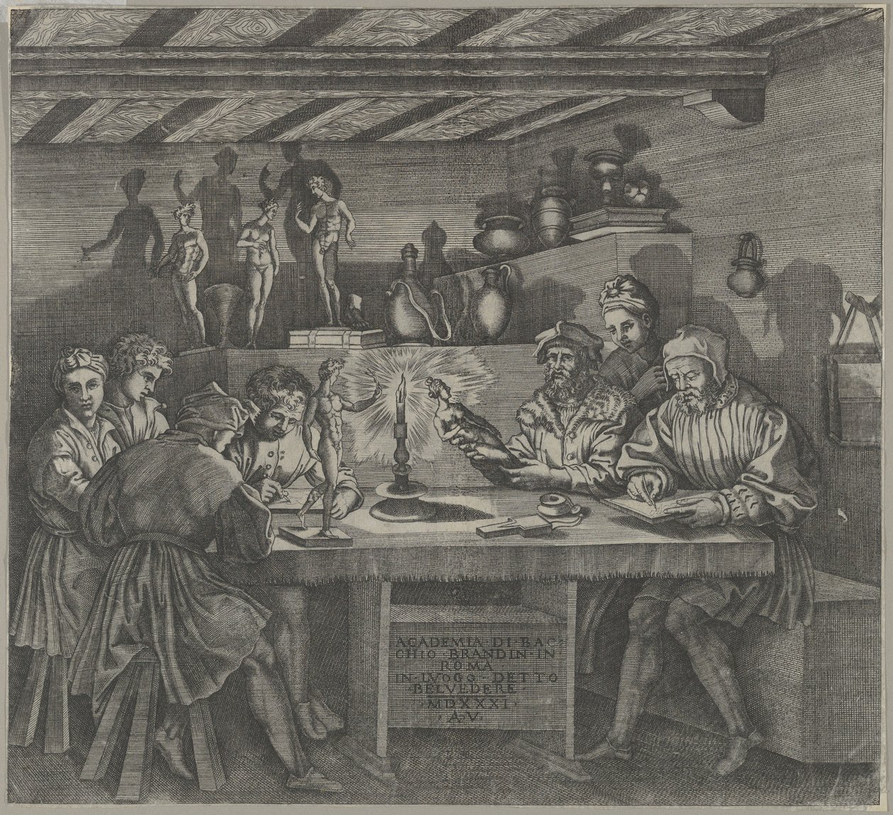Baccio Bandinelli em seu estúdio segurando uma estatueta de Vênus, estudantes desenhando de um mo..., 1531. de Agostino Veneziano