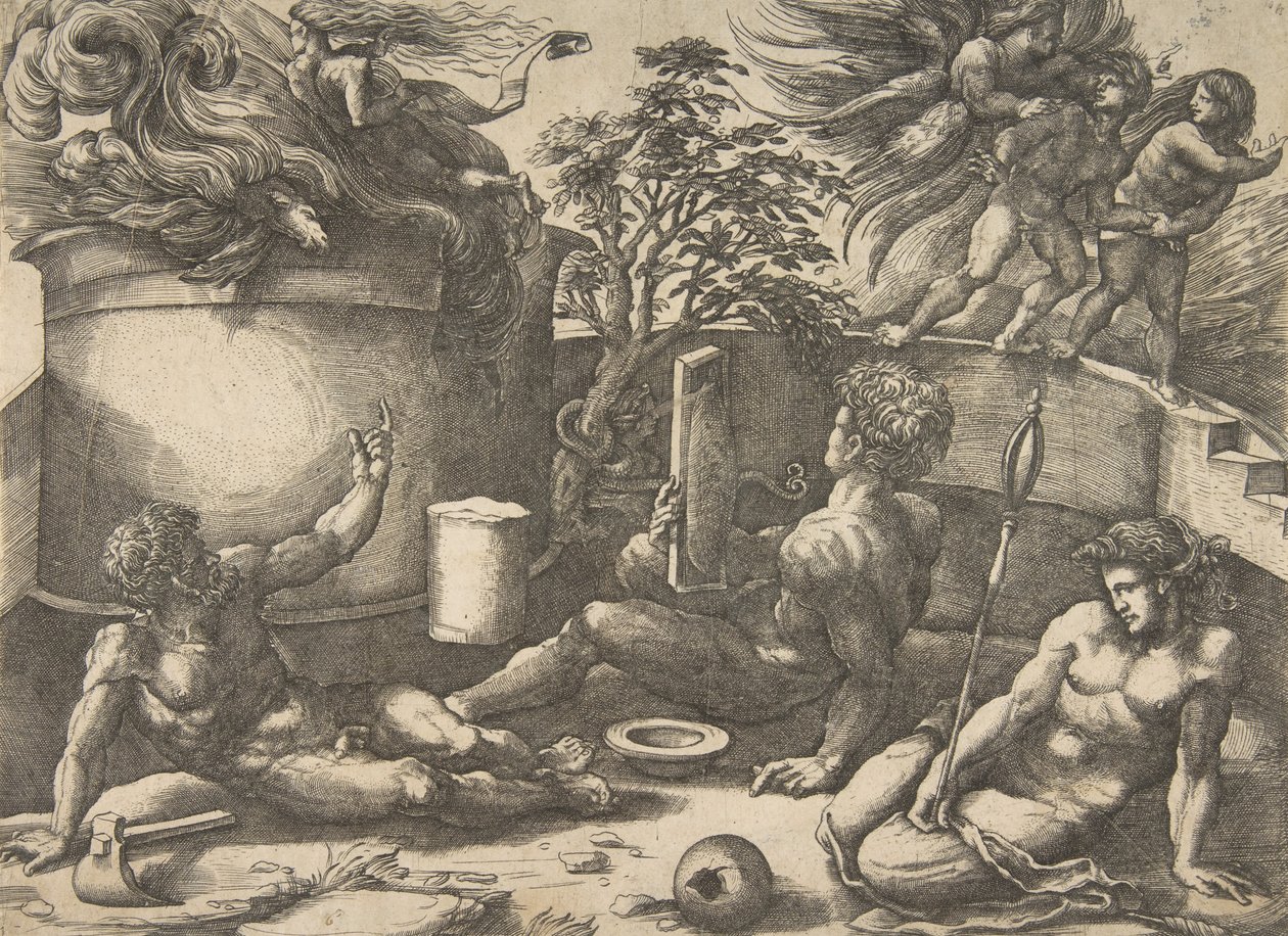 Caim segurando um espelho vendo seu sacrifício envolto em chamas, Adão e Eva sentados..., ca. 1530-50. de Agostino Veneziano
