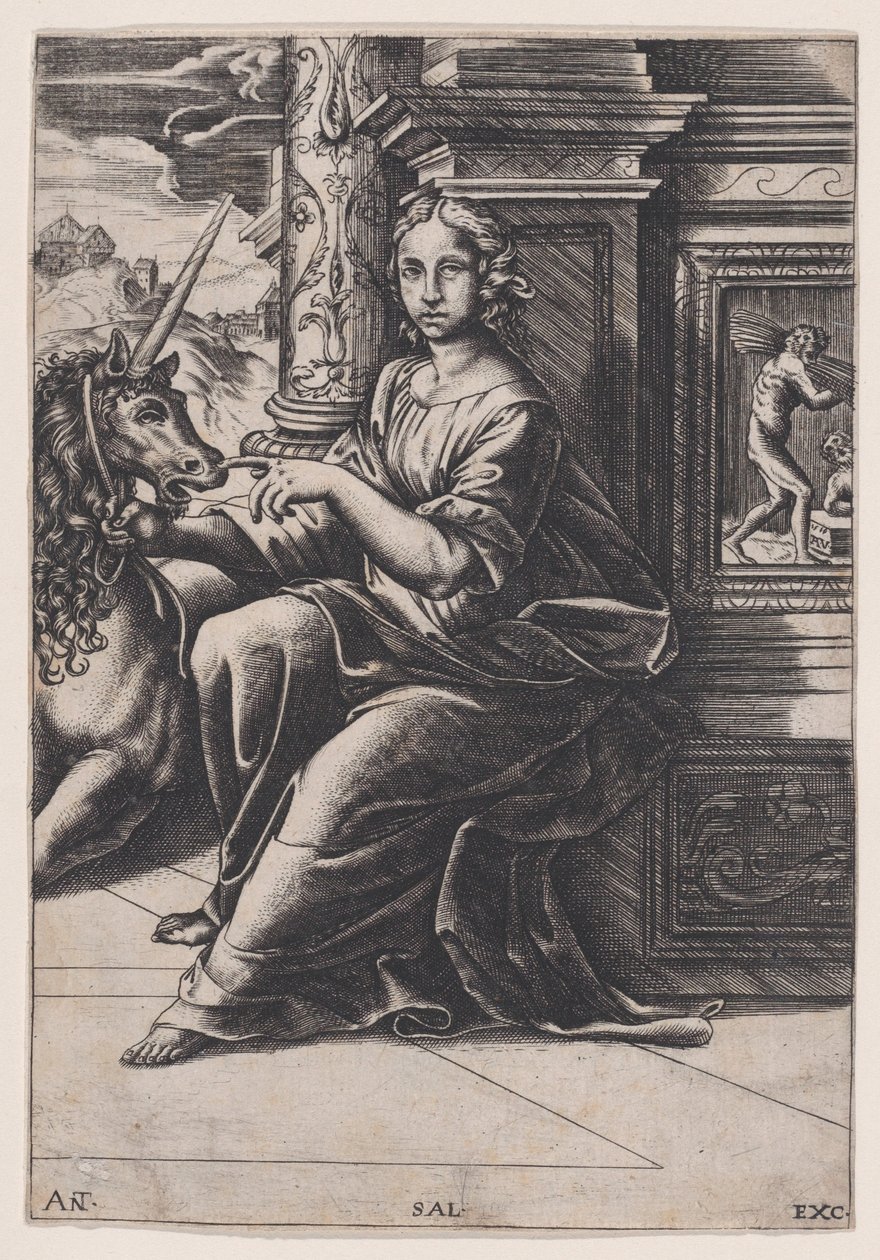 Castidade, uma mulher sentada, um unicórnio à sua direita, c. 1515-30. de Agostino Veneziano