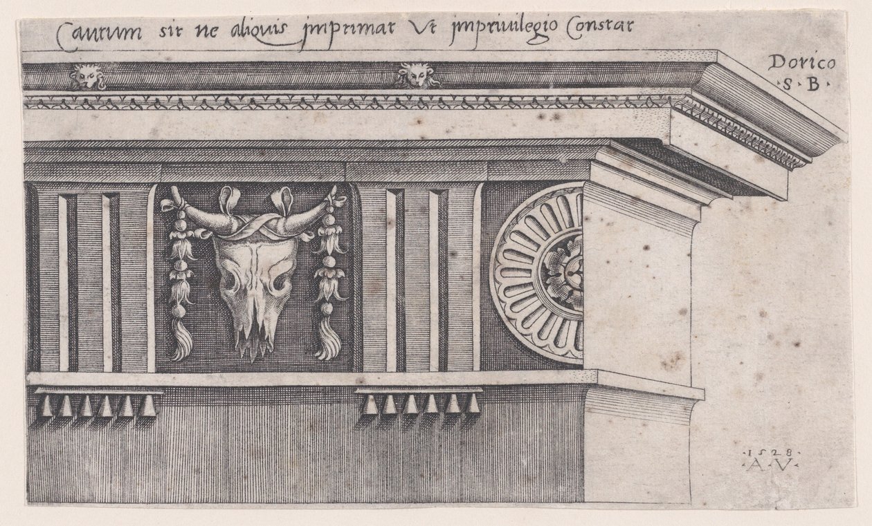 Entablamento dórico, datado de 1528. de Agostino Veneziano