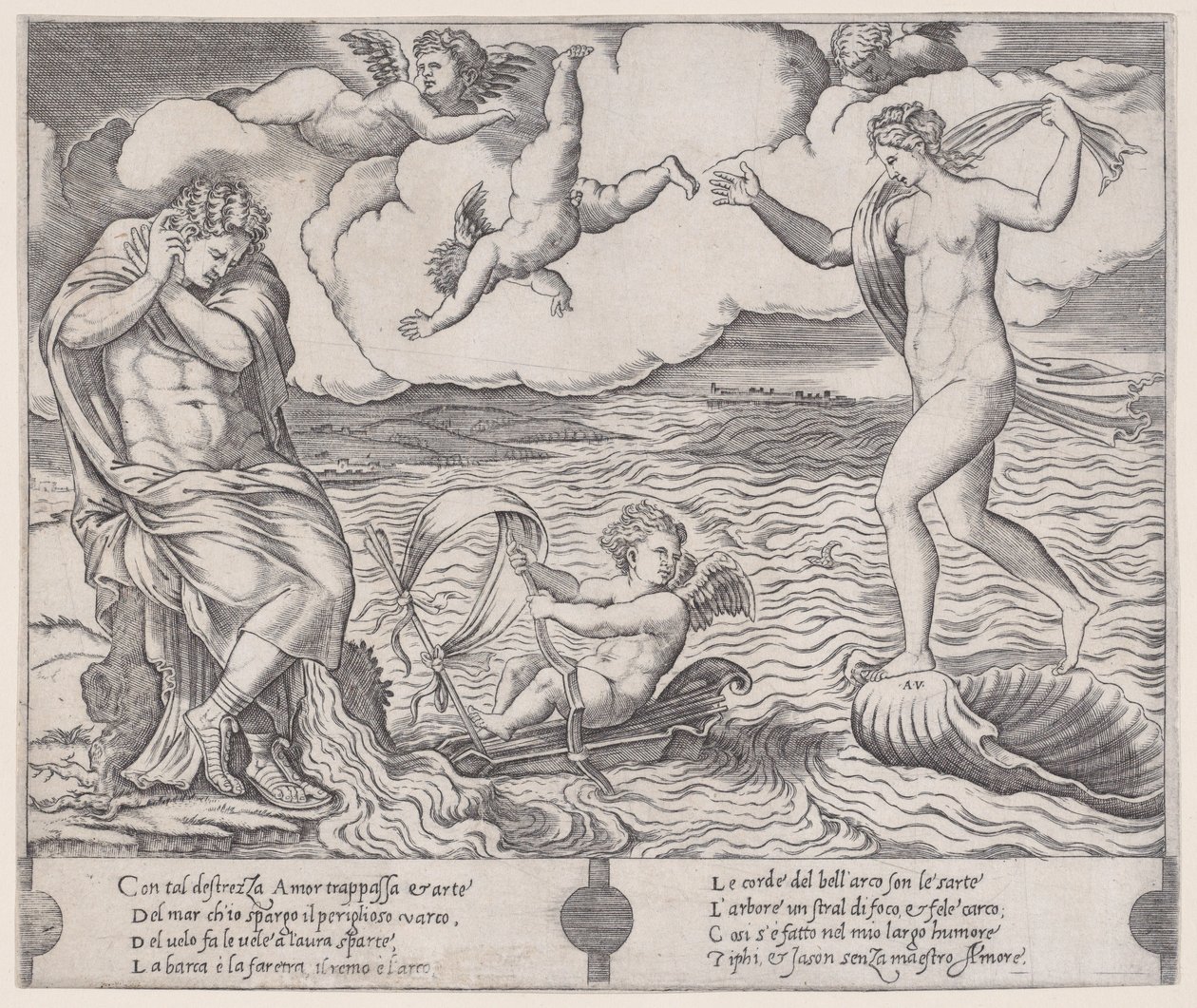 Eros no Mar, c. 1514-36. de Agostino Veneziano