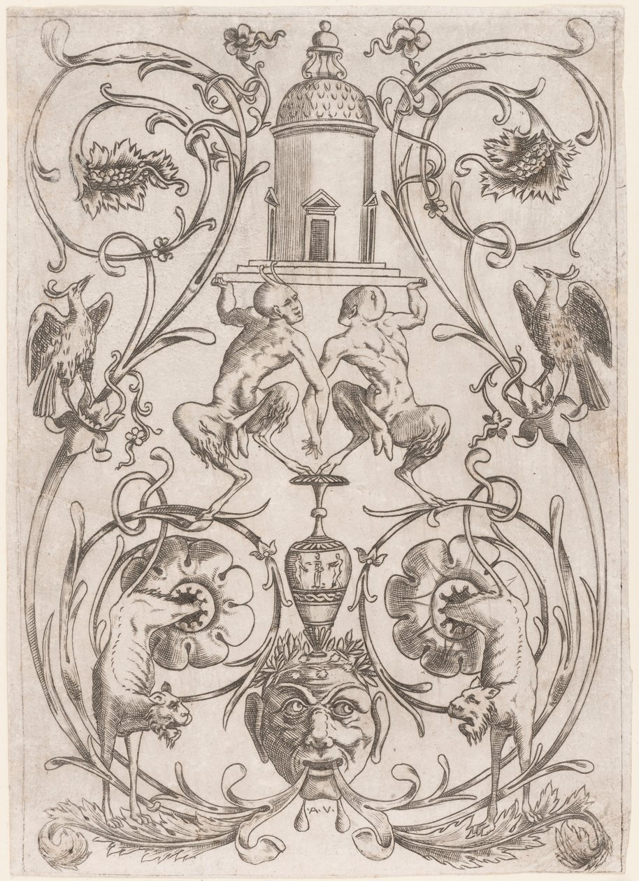 Ornamento Grotesco com Sátiros, de um conjunto de vinte painéis ornamentais de Agostino Veneziano