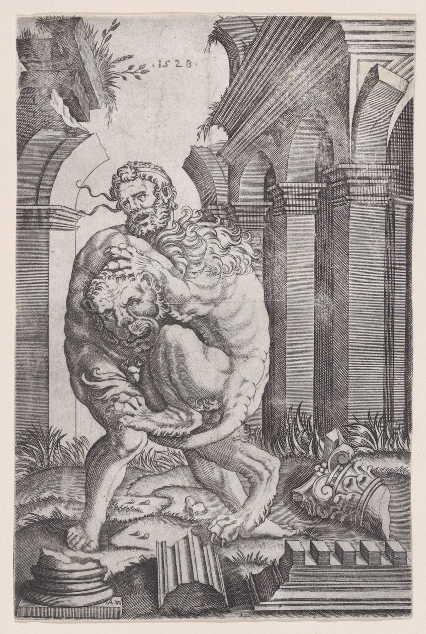 Hércules estrangulando o leão da Nemeia, datado de 1528. de Agostino Veneziano