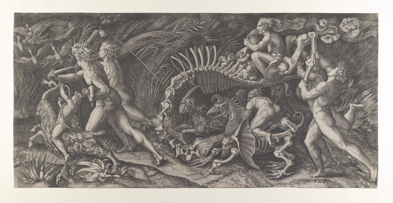 Lo Stregozzo: uma feiticeira montada em um esqueleto de animal, precedida por dois homens e ..., ca. 1515-25. de Agostino Veneziano