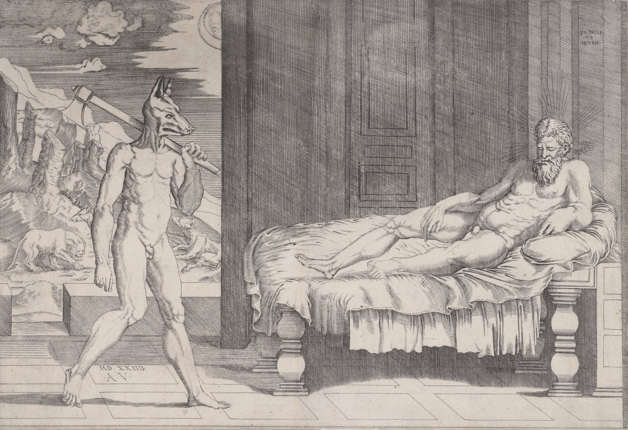Lycaon transformado em lobo, datado de 1524. de Agostino Veneziano