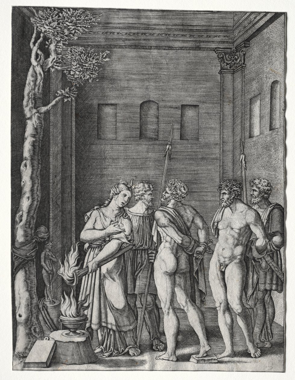 Orestes e Pílades trazidos para Ifigênia para sacrifício de Agostino Veneziano