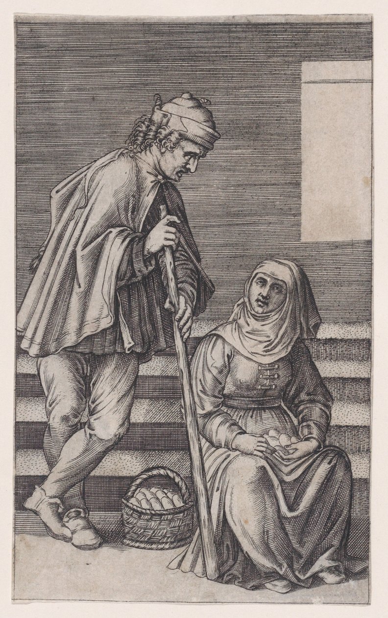 Camponês e uma mulher com ovos, c. 1514-36. de Agostino Veneziano