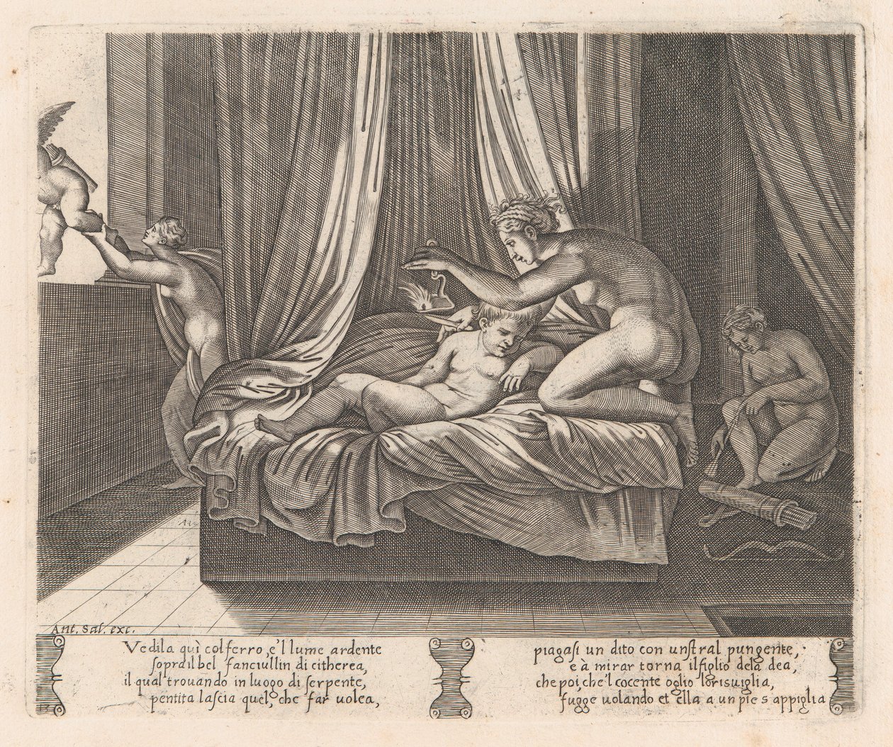 Ilustração 13: Psique olhando para Cupido, da História de Cupido e Psique contada por Apulei..., 1530-60. de Agostino Veneziano