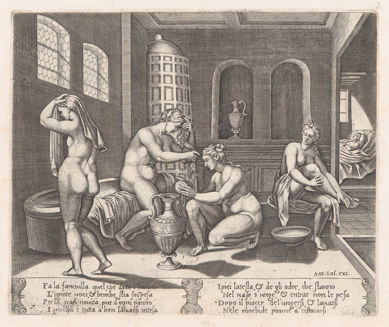 Ilustração 7: Psique atendida em seu banho, da História de Cupido e Psique contada por Apu..., 1530-60. de Agostino Veneziano