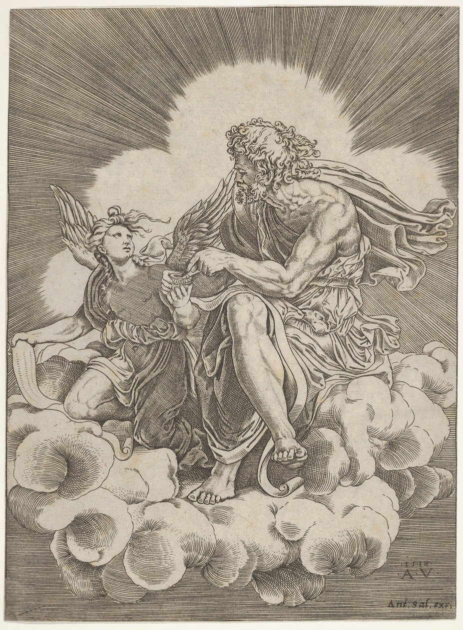 São Mateus, sentado em uma nuvem e mergulhando uma pena em um tinteiro realizado por um anjo ..., ca. 1518-20. de Agostino Veneziano