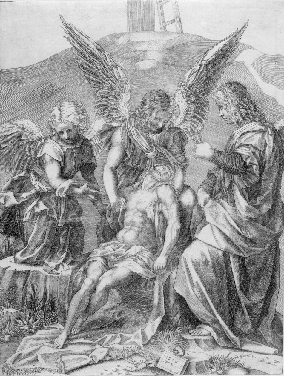 O Corpo de Cristo Apoiado por Três Anjos, 1516. de Agostino Veneziano