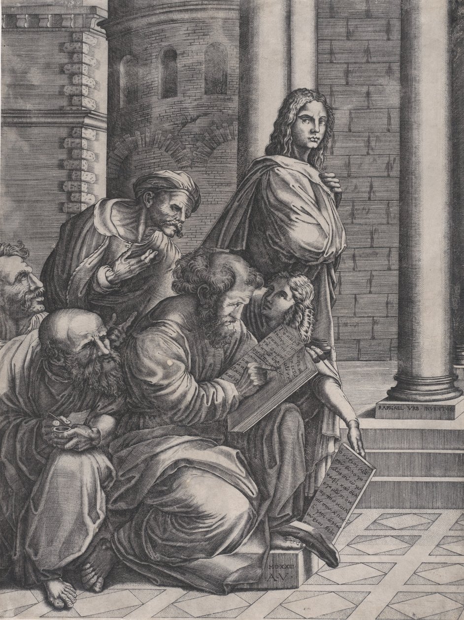 O Grupo da Escola de Atenas de Rafael, datado de 1523. de Agostino Veneziano