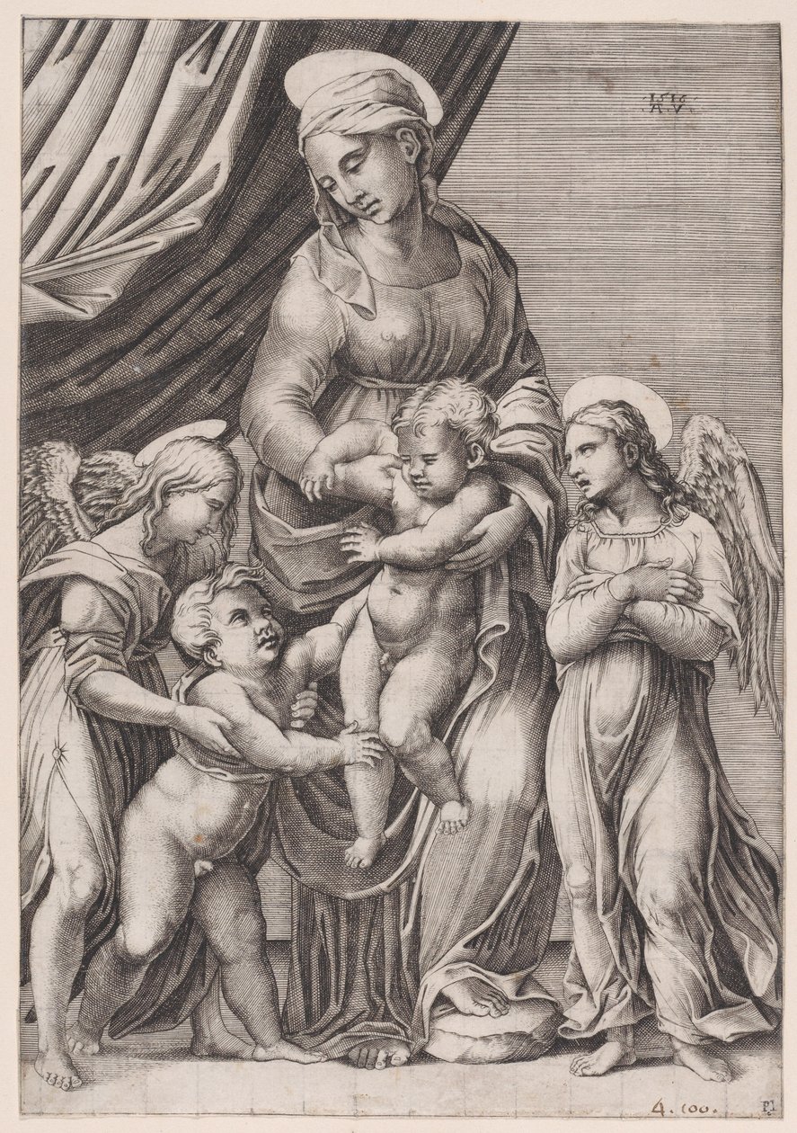 A Virgem, o Menino Jesus, o Menino São João e Dois Anjos, datado de 1516. de Agostino Veneziano