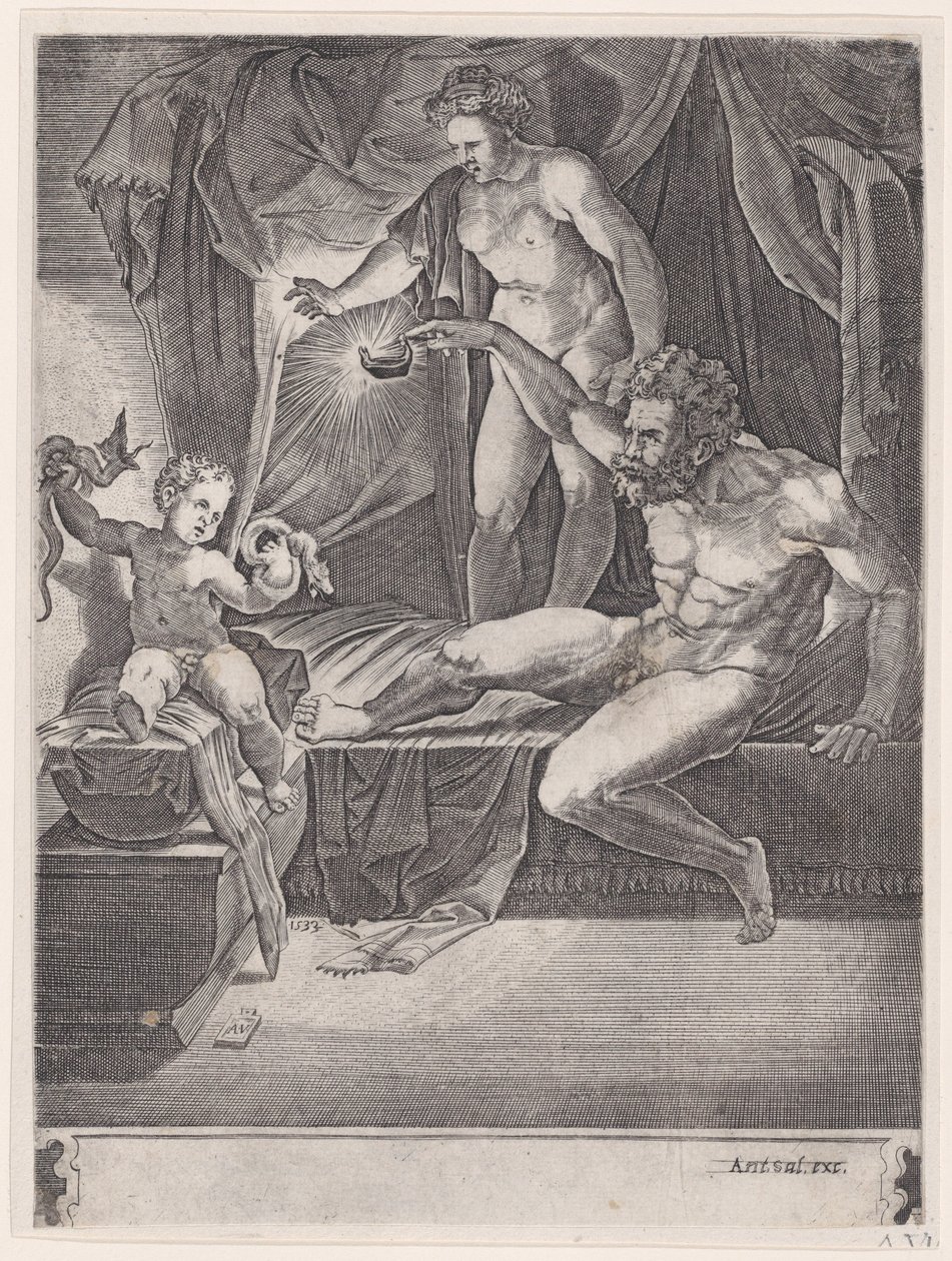 O jovem Hércules em seu berço, datado de 1533. de Agostino Veneziano