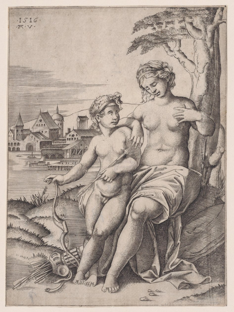 Vênus e Eros, datado de 1516. de Agostino Veneziano