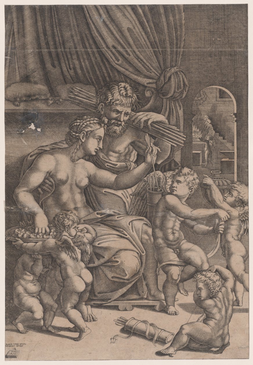 Vênus e Vulcano Rodeados por Cupidos, datado de 1530. de Agostino Veneziano