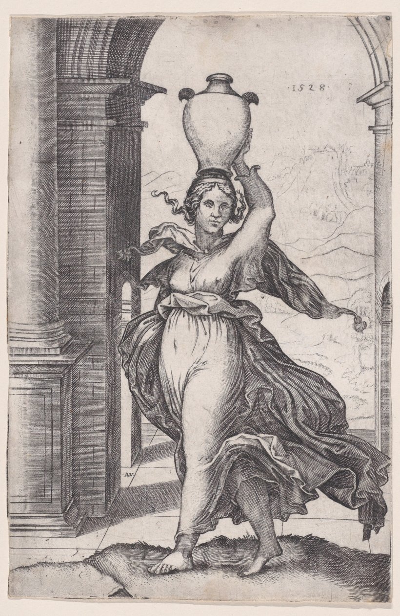 Mulher carregando um vaso na cabeça, datado de 1528., datado de 1528. de Agostino Veneziano