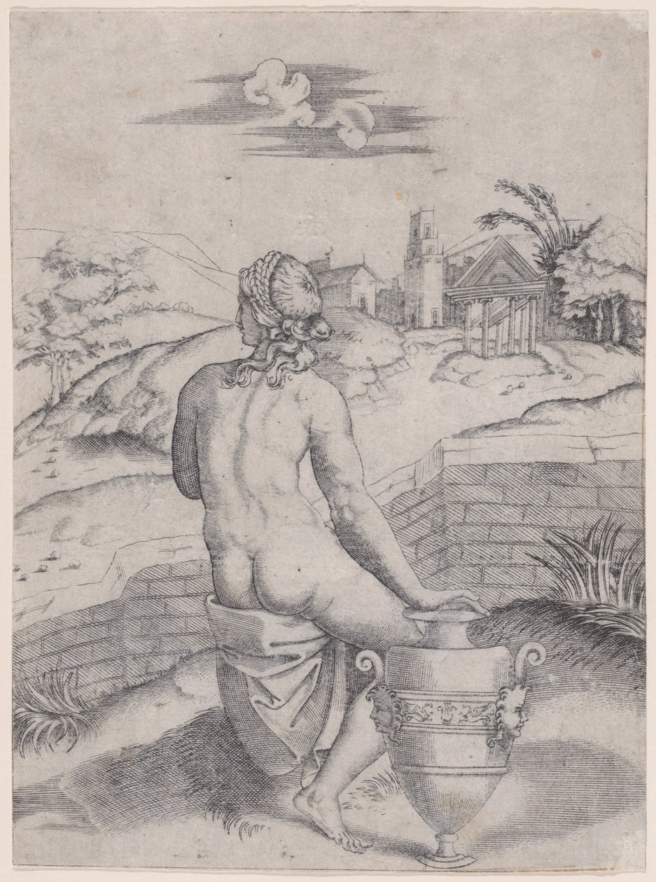 Mulher sentada perto de um vaso, ca. 1514-36. de Agostino Veneziano