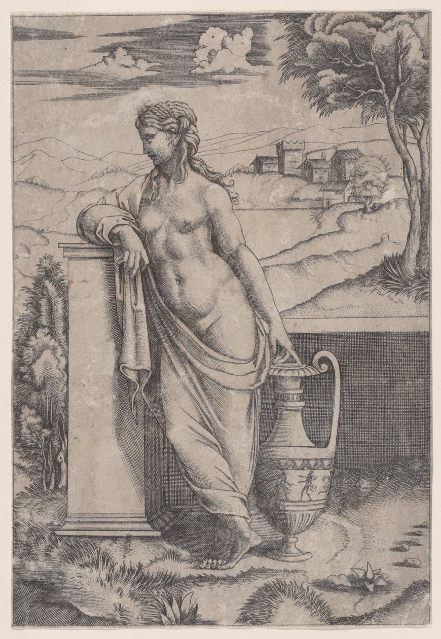 Mulher de pé perto de um vaso, ca. 1514-36. de Agostino Veneziano