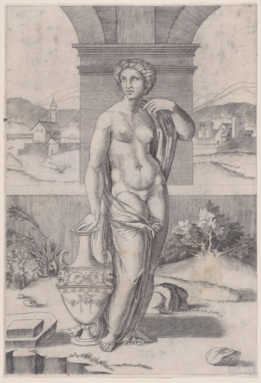 Mulher em pé perto de um vaso, ca. 1514-36. de Agostino Veneziano