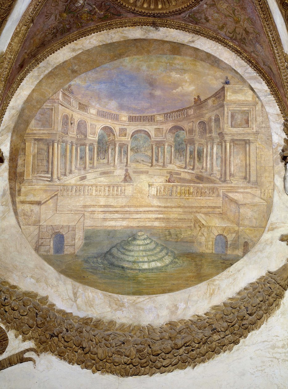 Signo Sagitário (constelação ascendente de Arcturus) parede leste: capacidade de se tornar guardião de edifícios reais. Aqui vemos o palácio dos te. Fresco de Agostino da Mozzanega (ativo de 1527 a 1539) 1528 Salão dos Ventos (ou do Zodíaco) Palácio do Chá de Agostino da Mozzanega