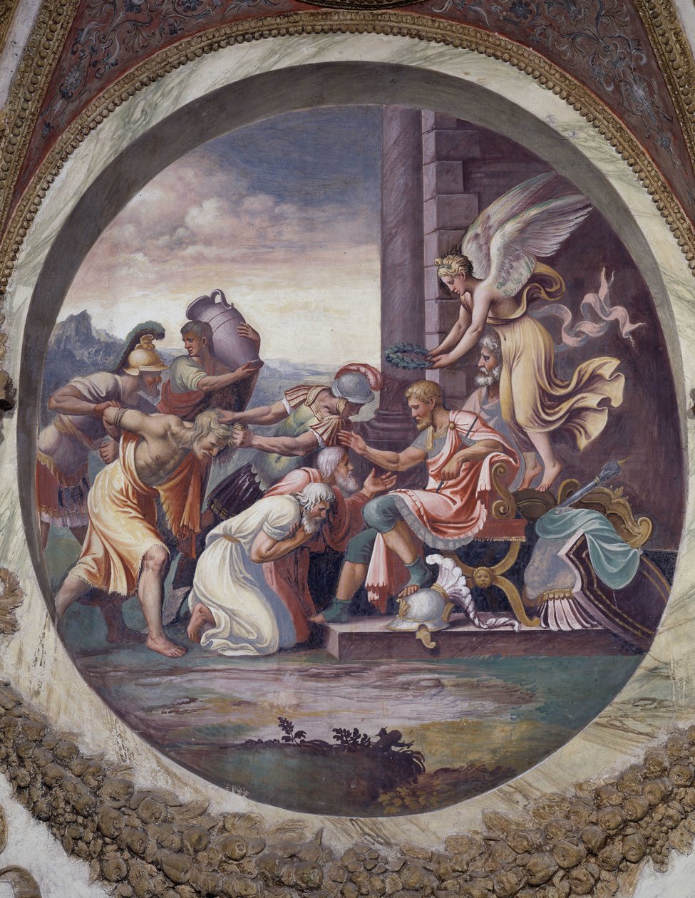 Signo de Aquário (constelação da Águia): cena do Triunfo, das grandes virtudes da guerra. Fresco de Agostino da Mozzanega (ativo de 1527-1539) 1528. Sala dos Ventos (ou do Zodíaco) Palazzo del Te, Mântua (Mantova) de Agostino da Mozzanega