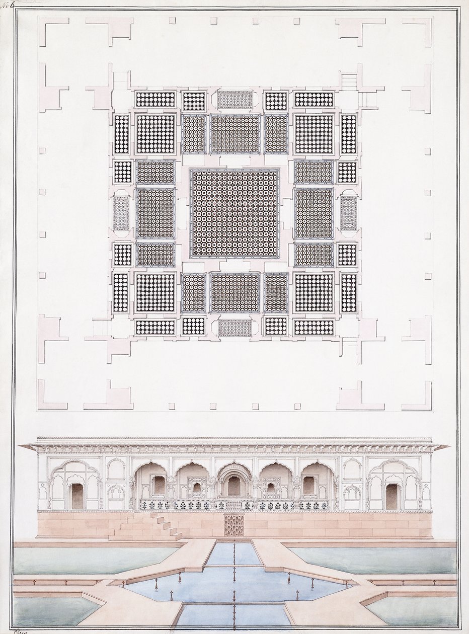Elevação da fachada sul e do Palácio do Jardim de Suraj Bhawan em Dig, c.1830 (lápis, caneta e tinta cinza e aquarela) de Agra School