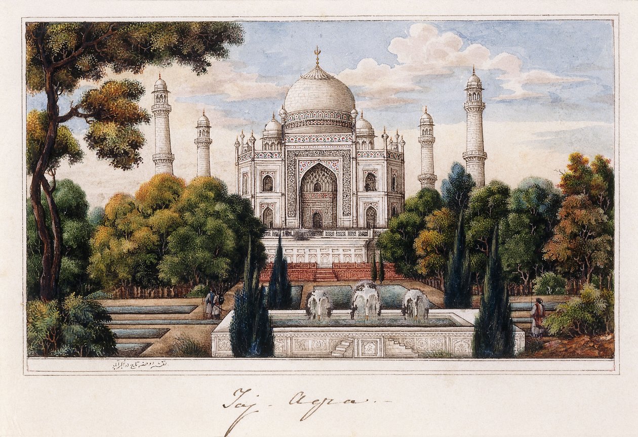 O Taj Mahal do Jardim, c.1840 (caneta e tinta cinza, w - c, realçada com toques de branco) de Agra School