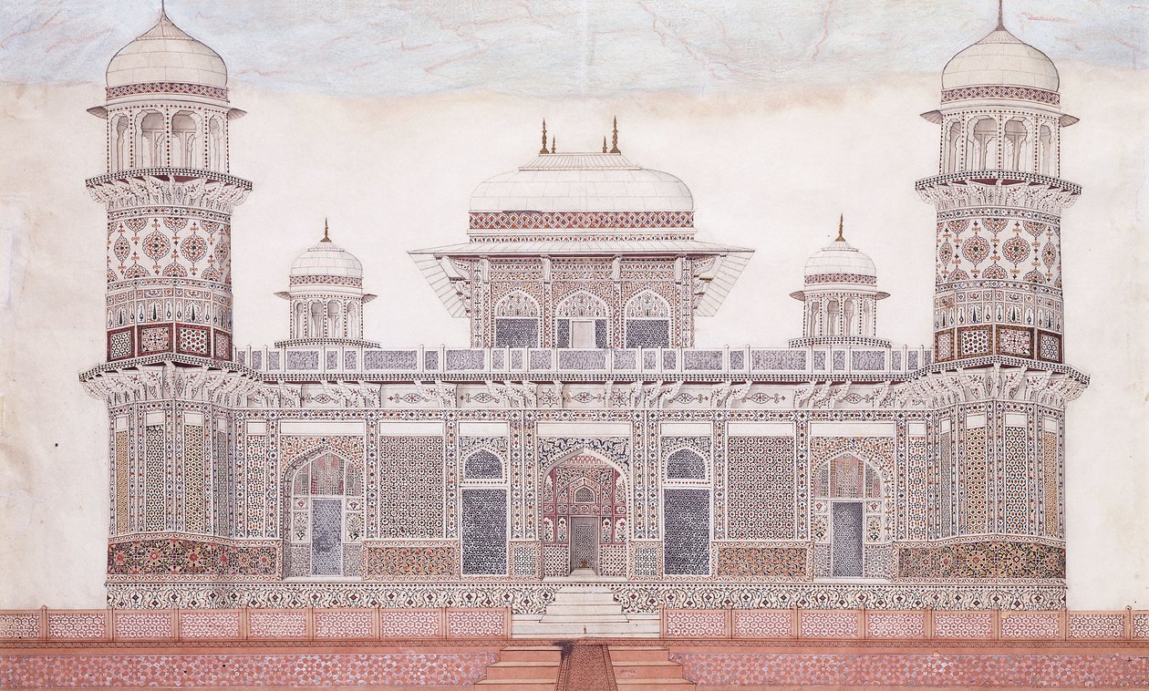 A Tumba do Itmad-ud-daula, c.1815 (encil, caneta e tinta preta, w - c, realçada com toques o) de Agra School