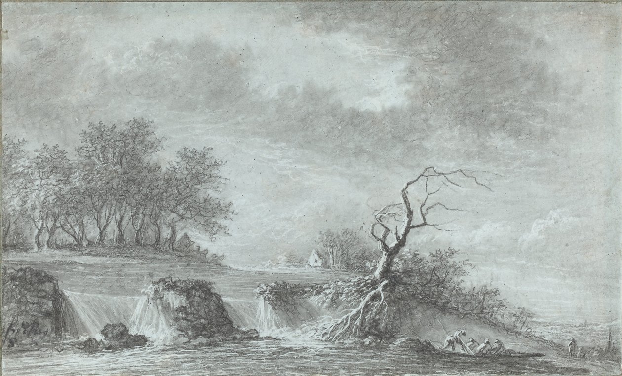 Riverscape com uma cachoeira de Aignan Thomas Desfriches
