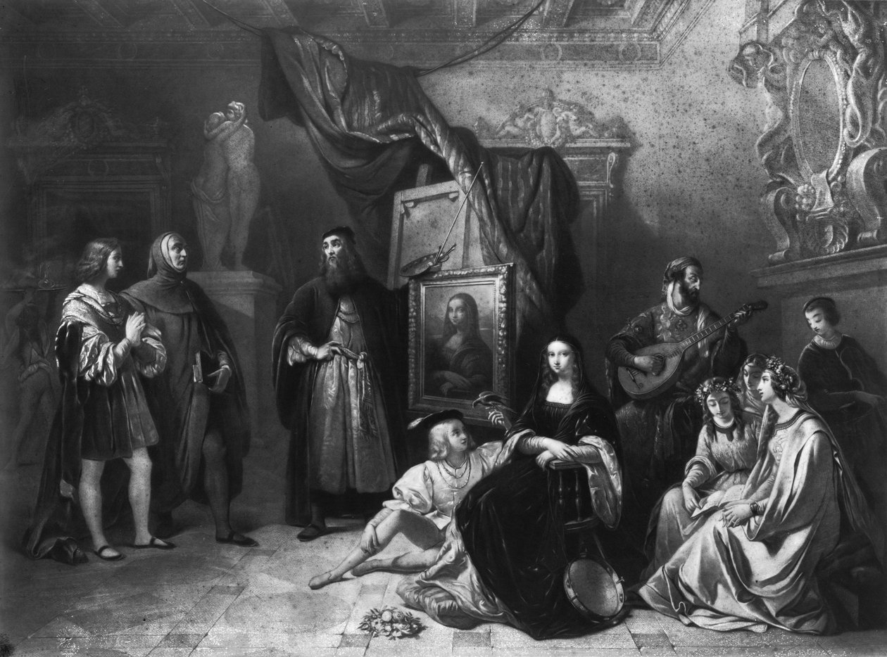 Leonardo da Vinci (1452-1519) pintando a Gioconda, gravada por Lemoine, 1845 de Aimee Brune