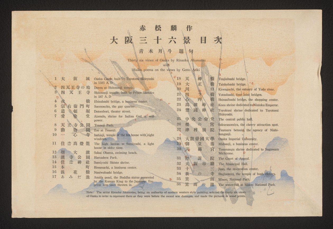 Inoudsopgave
Trinta e seis vistas de Osaka por Rinsaku Akamatsu com poemas de Haiku sobre as vistas por Getto Aoki (título sobre o objecto)
Zesendertig gezichten van Osaka (título da série)
Ôsaka sanjûrokkei (título da série sobre o objecto) de Akamatsu Rinsaku