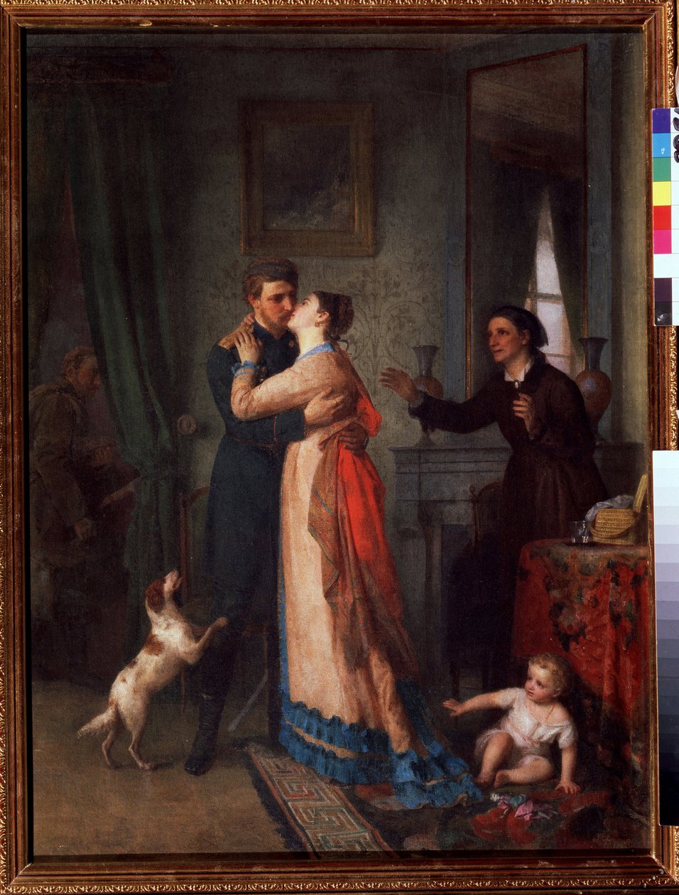 Retorno da guerra (Retorno após a guerra). Um soldado abraça ternamente sua esposa, em torno deles sua mãe e o cachorro da casa correm emocionalmente em sua direção. No chão, uma criança faz um gesto de recuo. Ao fundo, um homem com seu b de Akim Egorovich Karneev