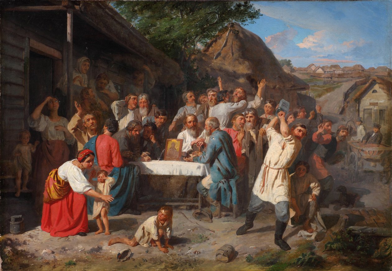 Um juramento de temperança. A Sociedade da Temperança, 1860 de Akim Yegorovich Karneev