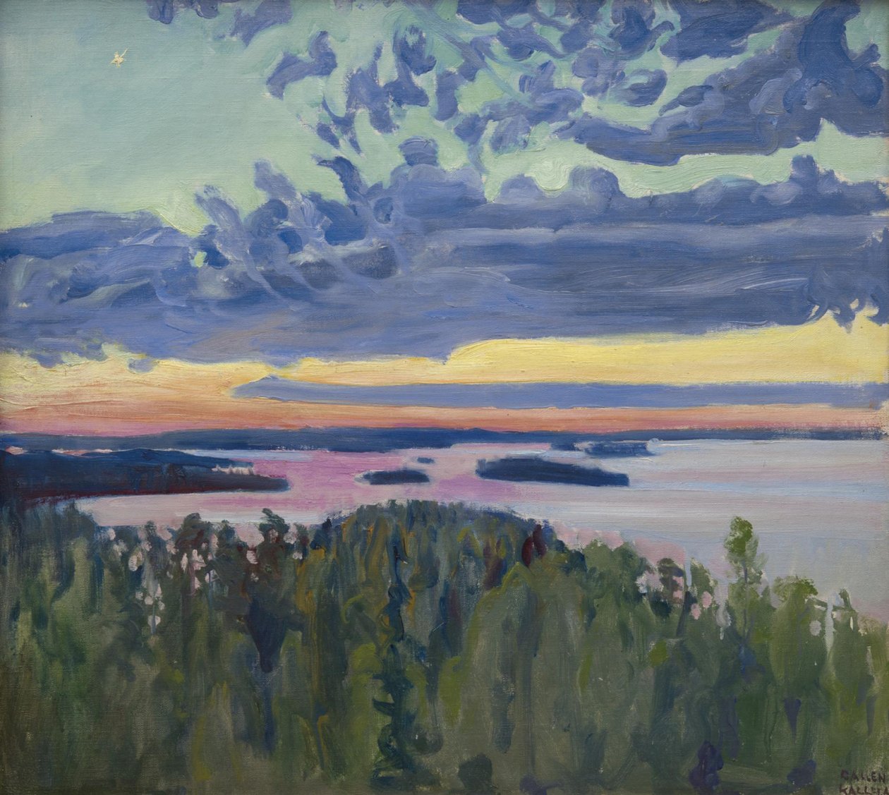 Pôr do sol sobre um lago. de Akseli Gallen Kallela