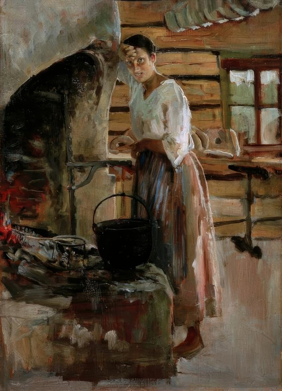 Mulher está cozinhando peixe branco de Akseli Valdemar Gallen Kallela