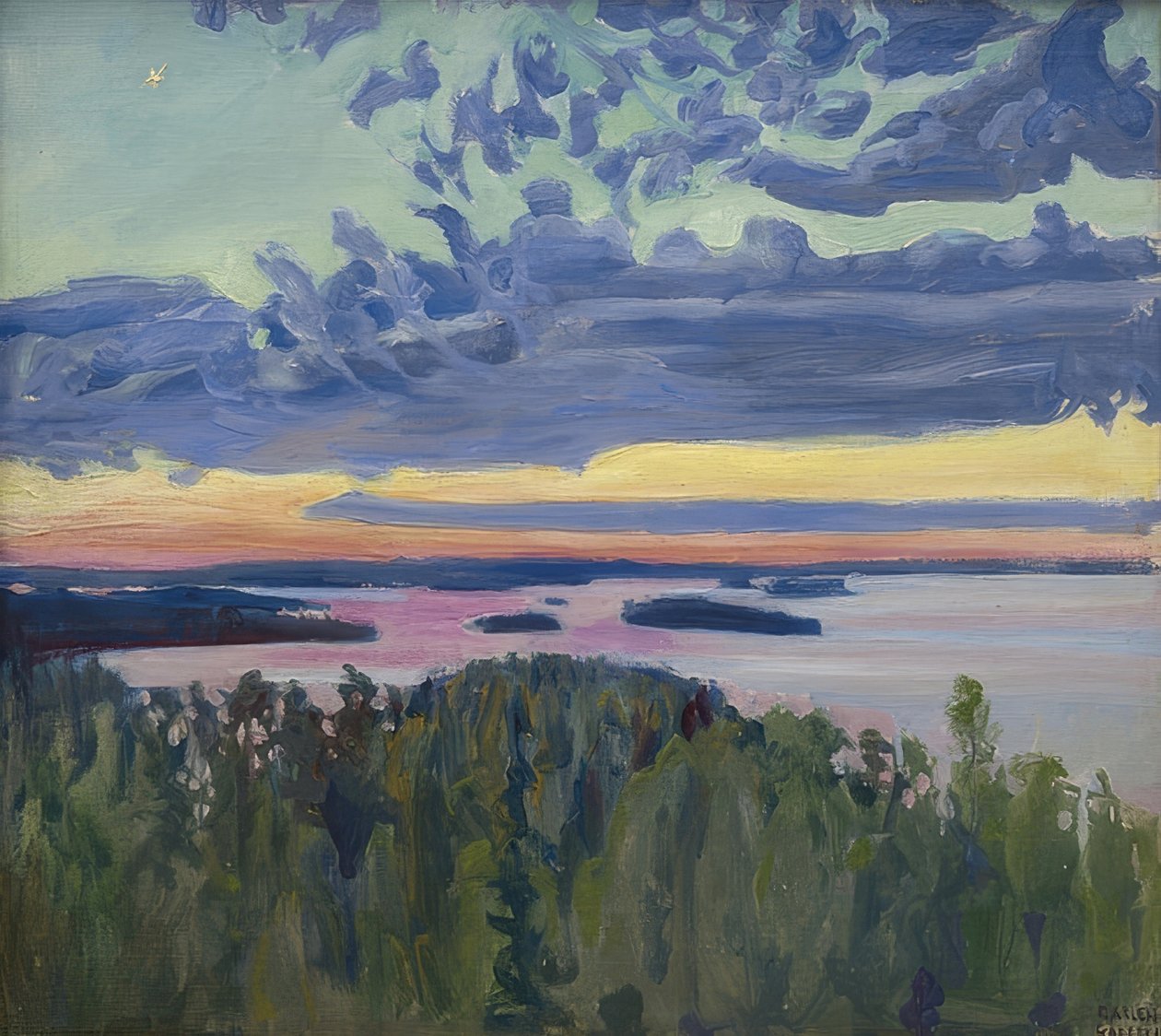 Pôr do sol sobre o lago de Akseli Valdemar Gallen Kallela