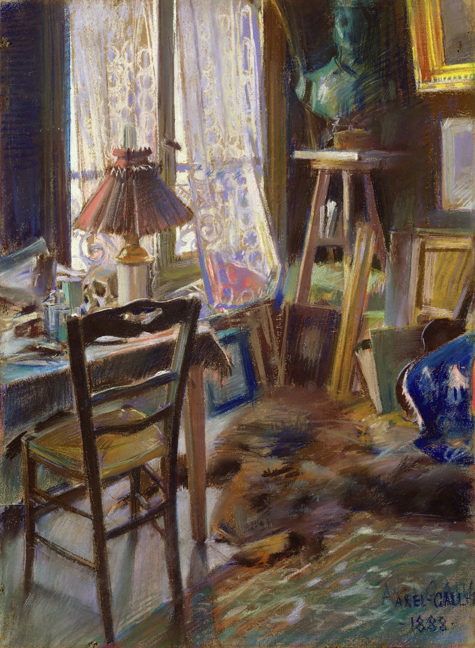 O estúdio do Conde Deheaulme de Vallombreuse, 36 Rue Jouffrey, Paris 1888 (pastel) de Akseli Valdemar Gallen Kallela