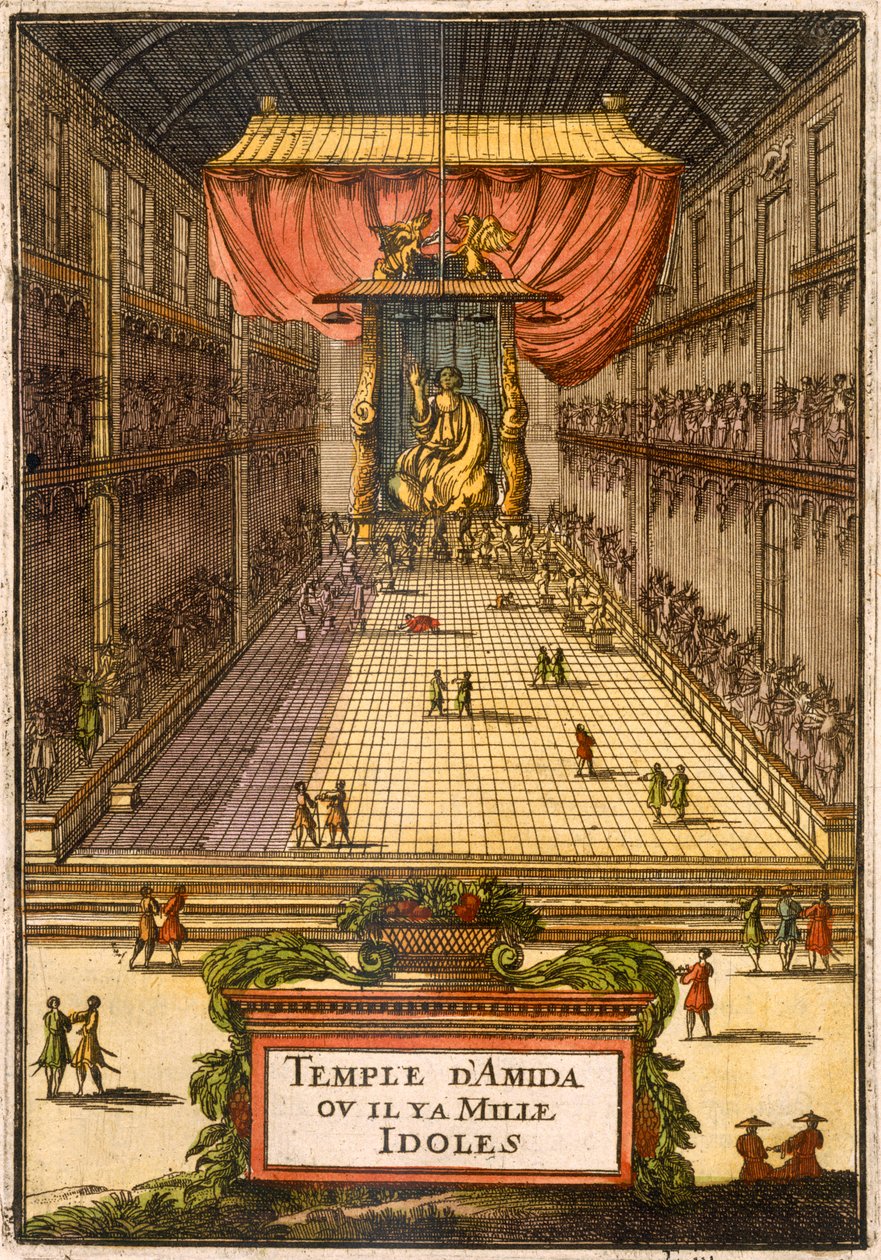 O Templo de Amida, de &39;Description de l&39;Univers&39;, c.1683 (gravura colorida à mão) de Alain Manesson Mallet