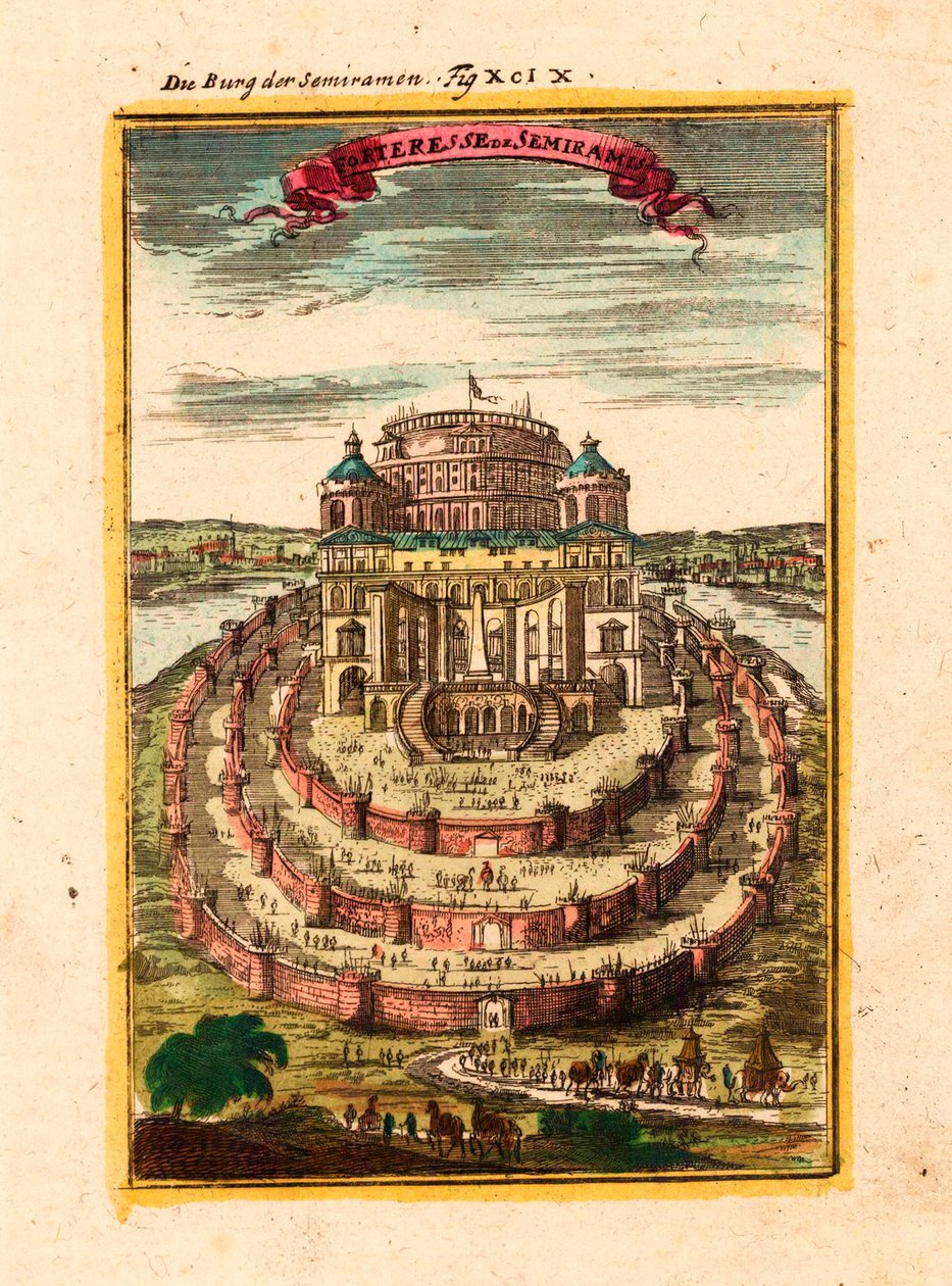 La forteresse et les jardins suspendus de la reine legendaire Semiramis a Babylone - Fortress of Semiramis - Gravura em cobre e aguarela de Alain Manesson Mallet (1630-1706) de Alain Manesson Mallet