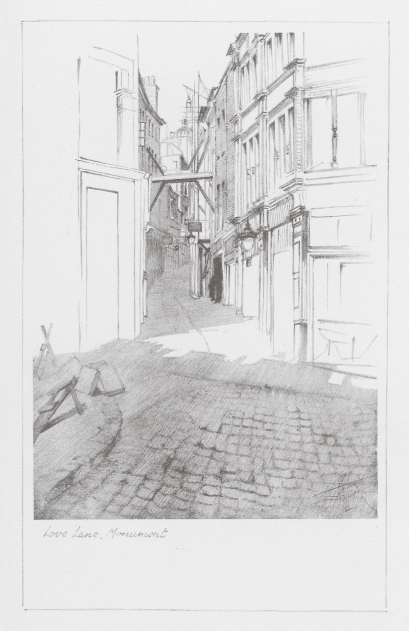 Vias de Londres: Love Lane, Monument (litografia) de Alan Stapleton