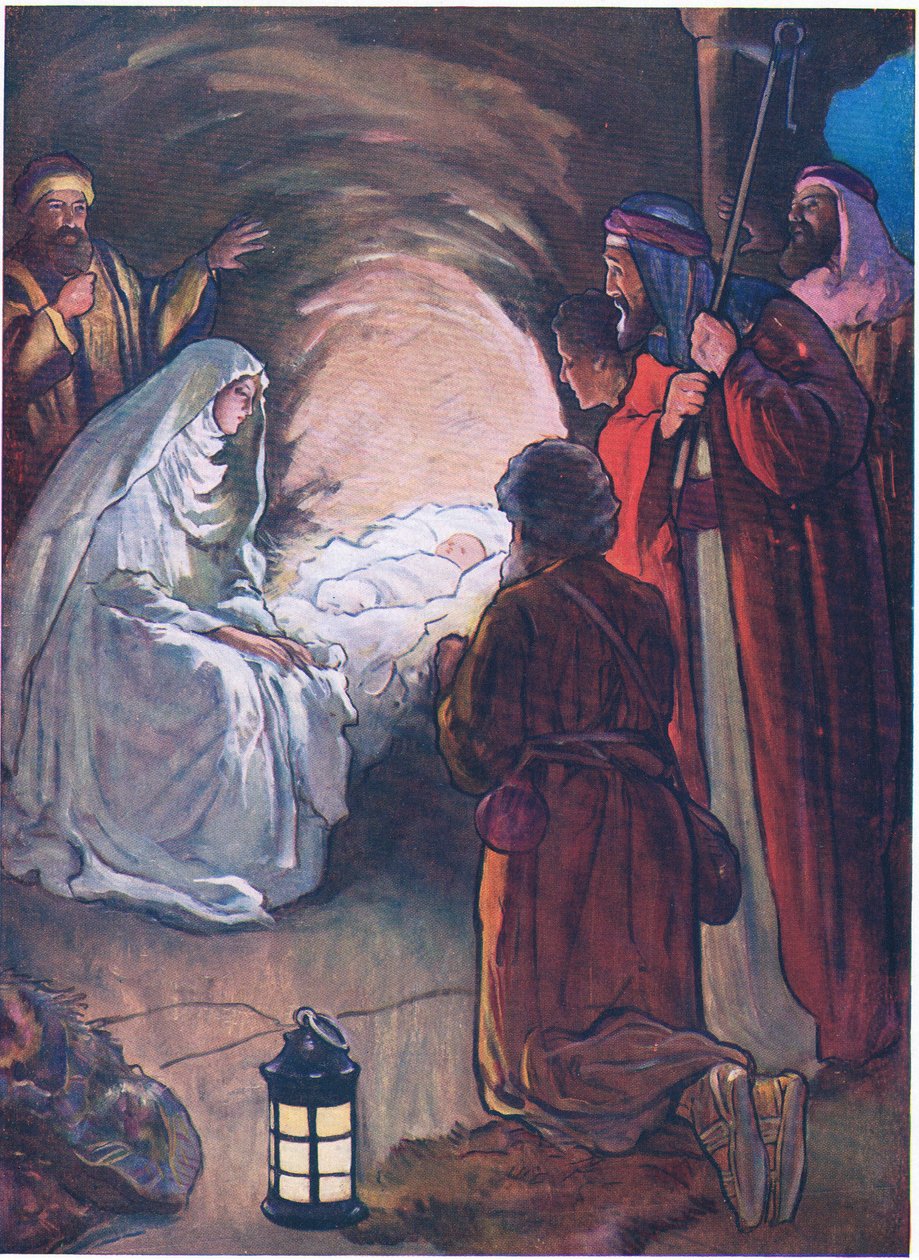 O Menino Jesus e os pastores, de The Bible Picture Book publicado por Thomas Nelson, c.1950 (litografia a cores) de Alan & Stokes George Vernon (1873 1954) Wright