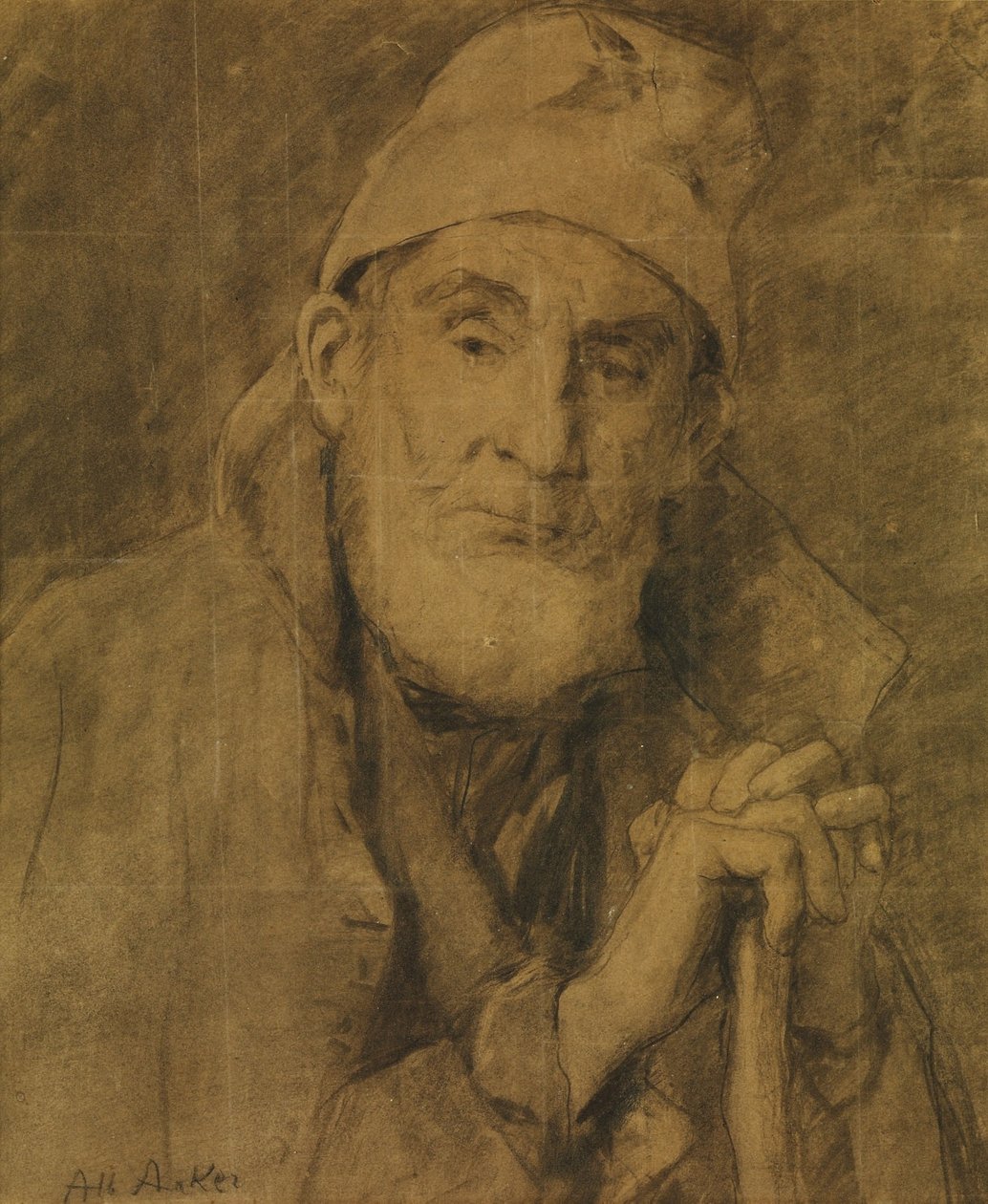 O velho feissli com bastão e boné de Albert Anker