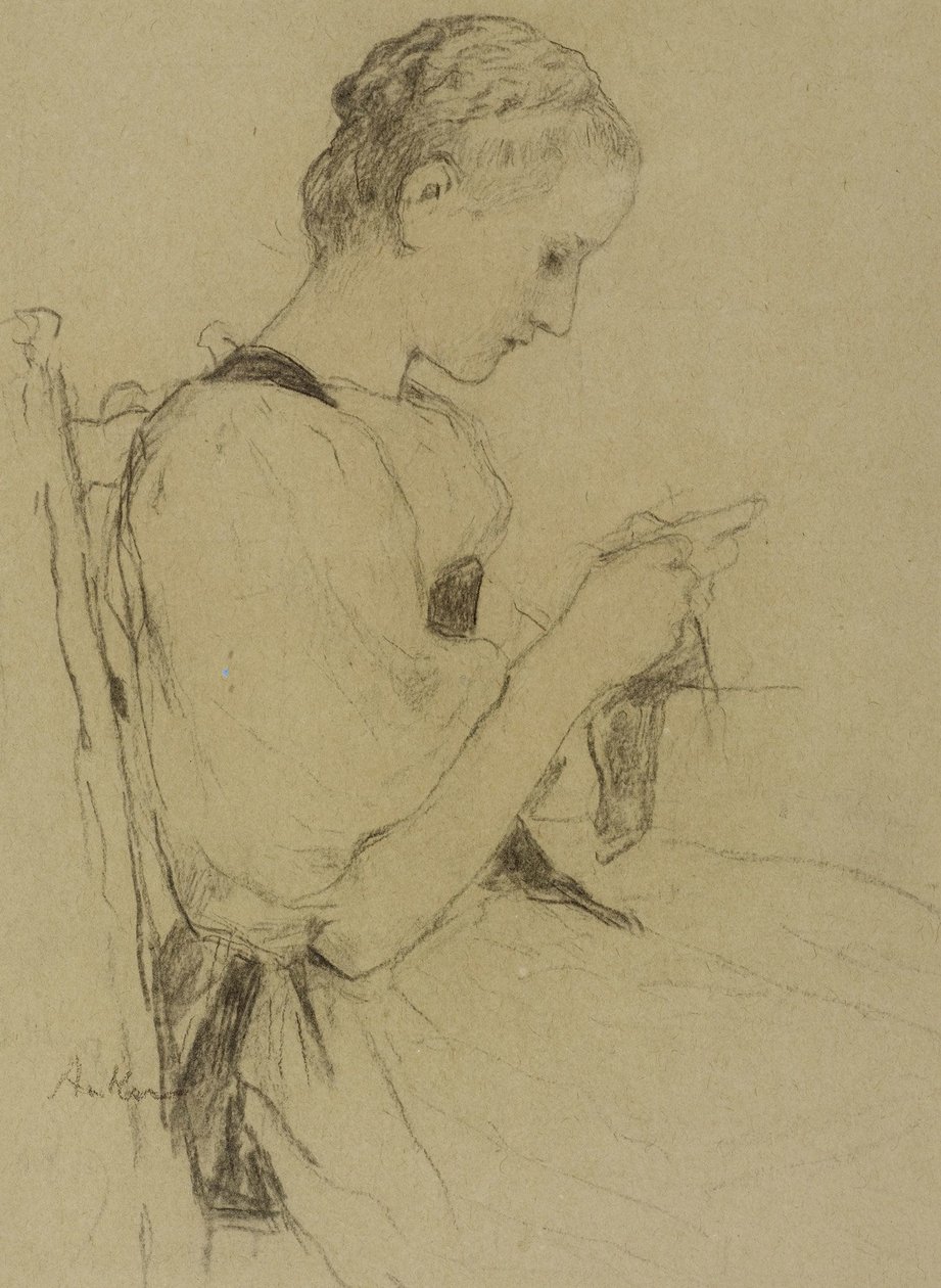 Menina sentada enquanto tricô de Albert Anker