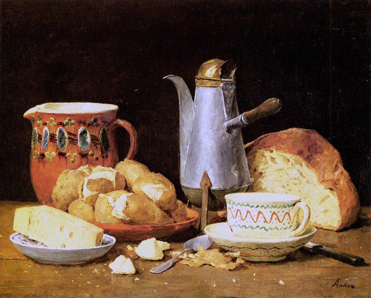 Ainda vida com café, pão e batatas de Albert Anker