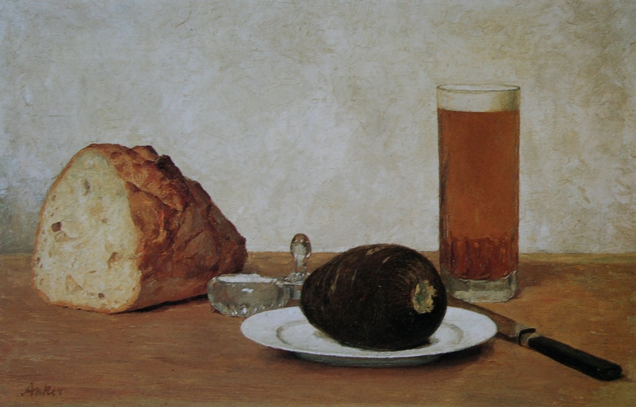 Ainda vida cerveja e rabanete de Albert Anker